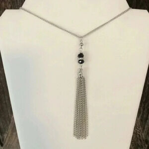 Black Crystal Tassel Necklace Silver Stainless Steel NWT